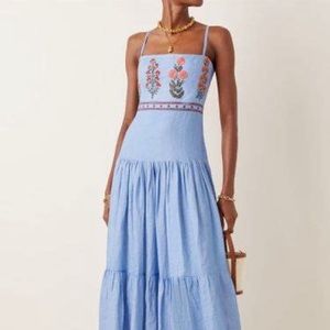 Agua by Agua Bendita Lima Light Blue Floral Linen Embroidered Long Maxi Dress XS